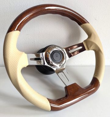 Steering Wheel VW Flat bottom Ergonomic Wood Chrome Beige Leather 350mm fits for Mk1 Mk2 Golf Jetta Scirocco Caddy 78-88