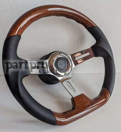 Steering wheel used Flat bottom Ergonomic Wood Chrome Black Leather 350mm fits For W123 W124 W126 W201 R107