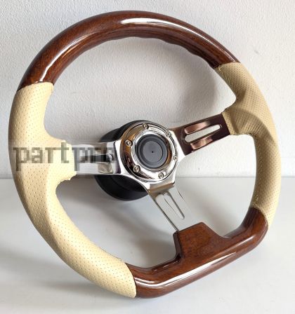 Steering Wheel  Flat bottom Ergonomic Wood Chrome Beige Leather 350mm fits for Mercedes Benz W123 W124 W126 W201 R107