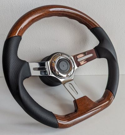 Steering wheel used Flat bottom Ergonomic Wood Chrome Black Leather 350mm fits For W123 W124 W126 W201 R107