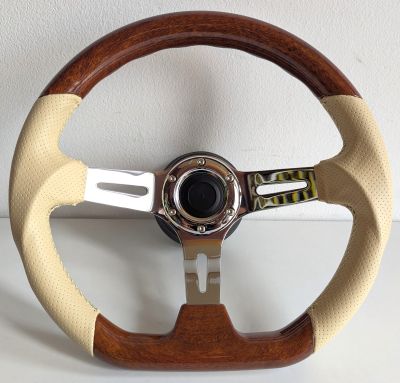 Steering Wheel VW Flat bottom Ergonomic Wood Chrome Beige Leather 350mm fits for Mk1 Mk2 Golf Jetta Scirocco Caddy 78-88